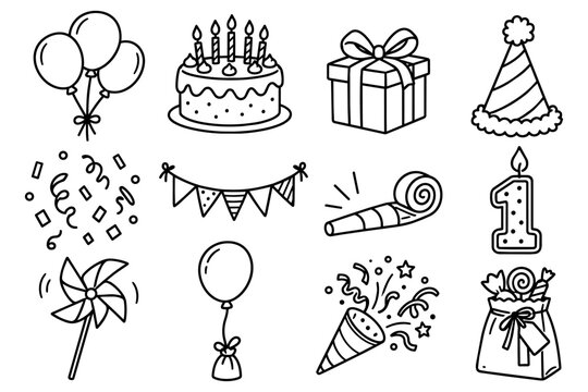 Birthday & Celebration Hand Drawn Icon Set &ndash; 12 Doodle Style Vector Illustrations for Birthday Party, Celebration and Event Themes