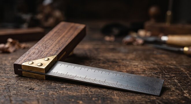 Vintage wooden try square tool resting on a rustic carpentry workbench