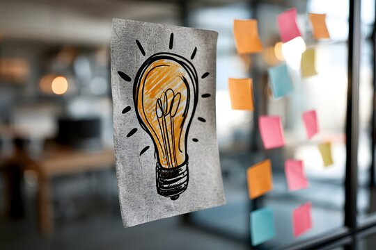 A sketched lightbulb on a glass wall stands beside colorful sticky notes. Brainstorming, innovation, planning, and creative teamwork drive the business concept.