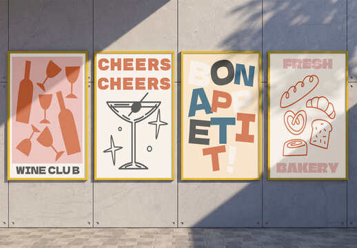 Mockup Template of Four Poster Frames on Concrete Wall