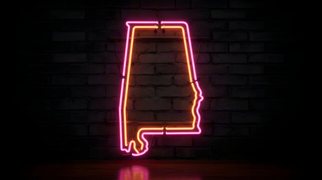 Neon map outline of alabama state on dark brick wall with neon sign glowing map neon light united states usa geography american sta