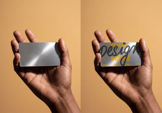 Mockup Template of Metal Business Card in Hand
