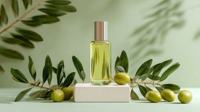 A luxurious perfume bottle sits gracefully upon a textured white pedestal, surrounded by lush green olive branches and vibrant, fresh olives, concept for aromatherapy
