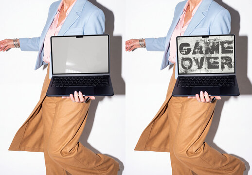 Mockup Template of Laptop Screen Held by Mature Woman
