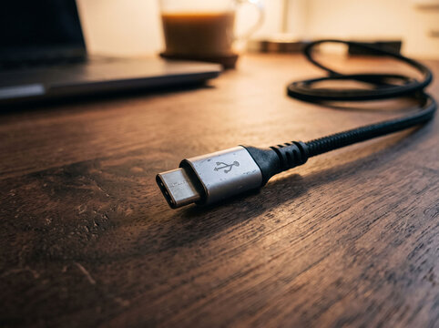 Usb type c cable and connector on wooden desk near laptop for charging devices.
