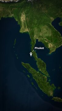 Vertical satellite map zoom to Phuket, Thailand with a location pin marker and text. Perfect for short-form social media travel promos, mobile app backgrounds, and digital advertising campaigns.

