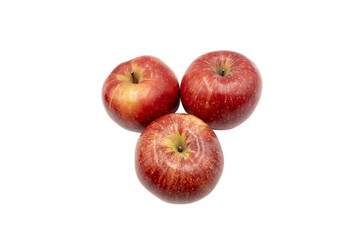 Three fresh red apples arranged in a triangle, isolated on a transparent Background. Ripe fruit with glossy skin, natural stems, and visible texture. © Mukta