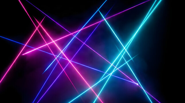 Abstract background featuring intersecting bright pink and cyan blue neon laser beams cutting through darkness neon lasers light beams