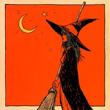 Witch Silhouette Against Orange Night Sky, Vintage Illustration, Halloween Concept