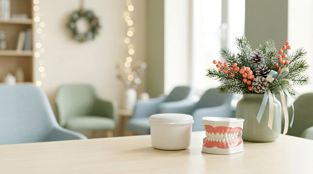 Dental model and container on a table in a Christmas dental clinic.