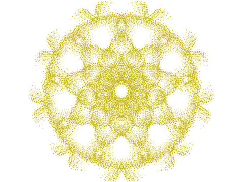 A golden dotted circular ornament showcases intricate detailing on transparent background circularity motif pattern floral foliage geometric symmetry dot speckle