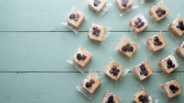 Assorted miniature pastries and tarts arranged on a light teal wooden surface silhouette