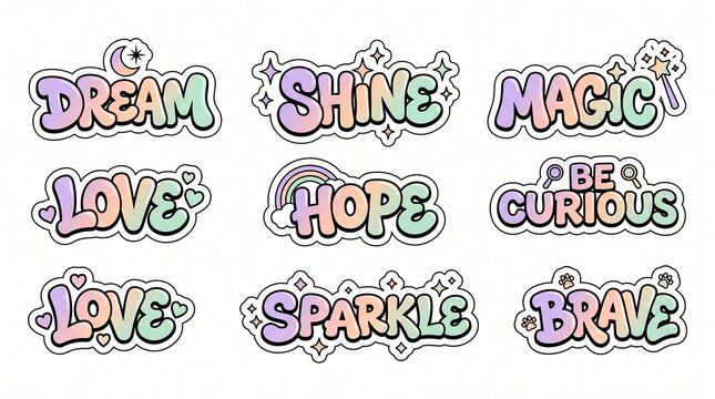 Pastel gradient bubble sticker set featuring motivational quotes like Dream, Shine, and Love for scrapbooking and digital planning.
