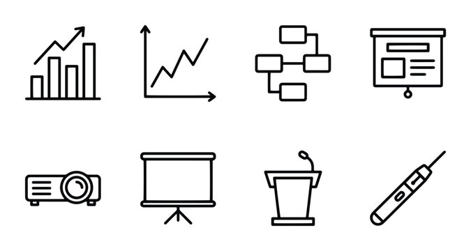 Business presentation icons with charts, flowchart, projector, podium and laser pointer outline solid styles, UI and web interface.