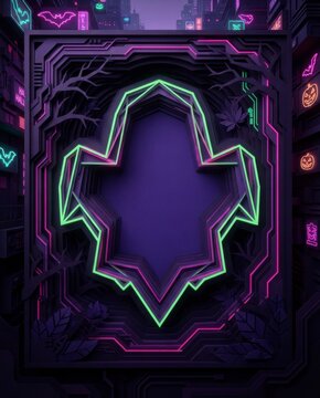 Futuristic cyberpunk dark frame with neon glowing green and purple ghost outline for digital design   