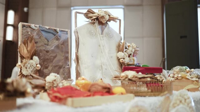 Luxury Indian groom wedding attire and trousseau gift packing with traditional sherwani jacket and pearl necklace display