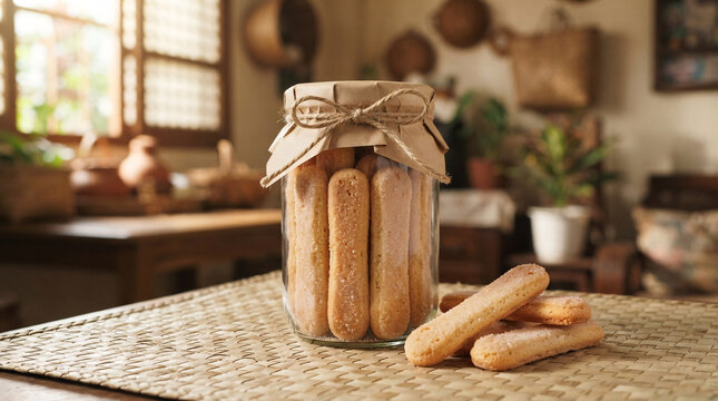 Traditional Filipino broas ladyfinger biscuits packed in a simple glass jar with kraft paper and twine, styled as a rustic pasalubong gift.