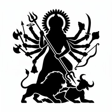 Durga Goddess Silhouette Fighting Mahishasura With Lion and Multiple Arms Hindu Myth Icon