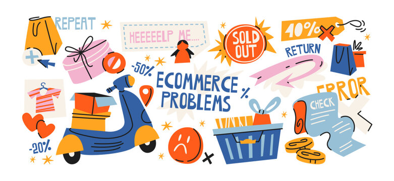 Ecommerce problems and online shopping customer service concept with returns, refunds, sold out notices, discounts, delivery, payment issues and unhappy customers in retro cartoon style for retail