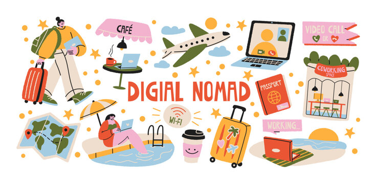 Digital nomad lifestyle in retro cartoon style with coworking spaces, cafe workstations, video calls, laptops, passports, Wi-Fi access, and remote work essentials for traveling professionals 
