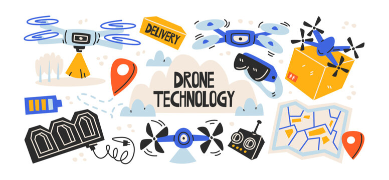 Drone delivery technology in retro cartoon style with flying delivery drones, parcel transport, automated logistics, remote control, and smart aerial shipping equipment for modern e-commerce 