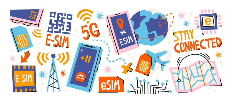 eSIM and 5G mobile connectivity concept with smartphone, digital SIM card, global communication, travel network, wireless technology and stay connected message in retro cartoon style