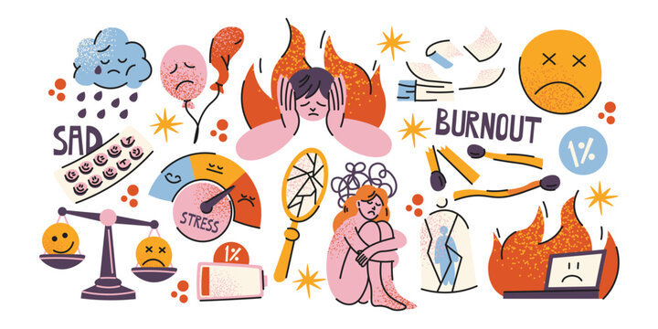 Burnout stress stickers with mental health and emotional exhaustion elements including tired woman, armchair, fire and help message, anxiety overload symbols and work fatigue signs for depression