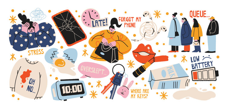 Everyday stress and life problems sticker set featuring lateness, oversleeping, forgotten phone and keys, low battery, long queues, fatigue and daily frustration in retro cartoon style for lifestyle 