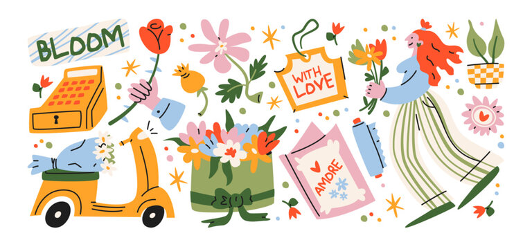 Flower delivery and romantic gift sticker set with bouquets, handmade floral arrangements, love cards, flowers, gardening tools and a woman carrying presents in a playful retro cartoon style