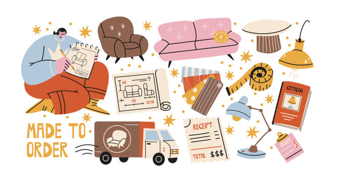 Custom furniture and made to order interior production sticker set with sofas, armchairs, tables, lamps, catalogs, measurements, receipts, delivery trucks and workshop processes in retro cartoon style