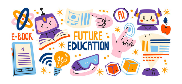 Future education and digital learning sticker set with ebooks, artificial intelligence, educational robots, virtual reality, online study, technology, science and creative learning tools 