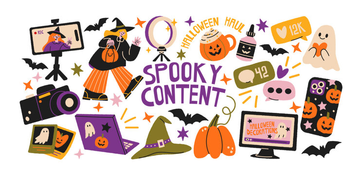 Halloween content creation and social media sticker set with spooky video recording, influencer UGC promotions, pumpkins, witches, ghosts, bats and seasonal decorations in retro cartoon style