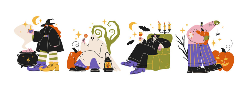 Halloween holiday characters with witch, wizard, magical costumes, pumpkins, cauldron, broomstick and spooky decorations in retro cartoon style for seasonal greetings, party graphics 