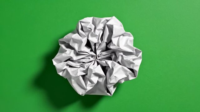 Stop motion of blank white paper sheet folding and crumpling into floral rosette on bright green background, concept of creative origami craft