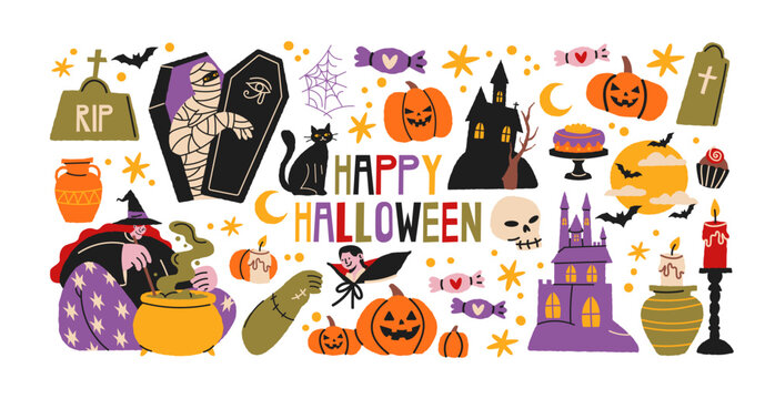 Halloween stickers in retro cartoon style. Scary magic holiday elements: pumpkins, ghosts, witch hats. Candles, cauldron, skulls, spooky decor. Illustration in retro cartoon style, trendy shapes