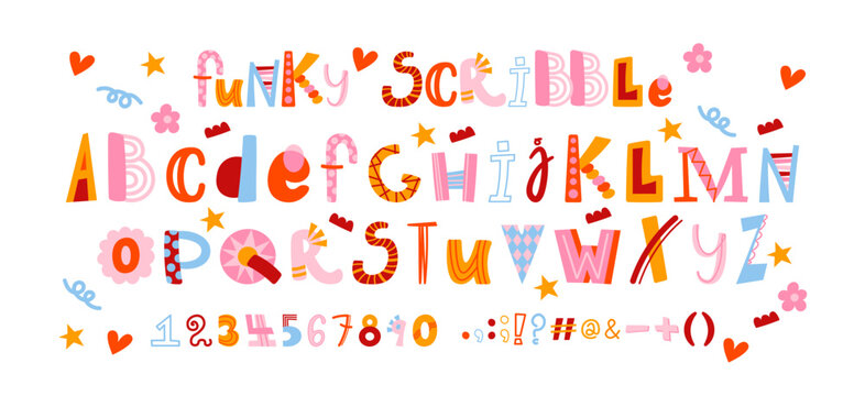 Cutout alphabet font in retro cartoon style. Playful magazine collage lettering with uneven shapes, bold characters and handmade look, childish and doodle typeface for posters, kids projects