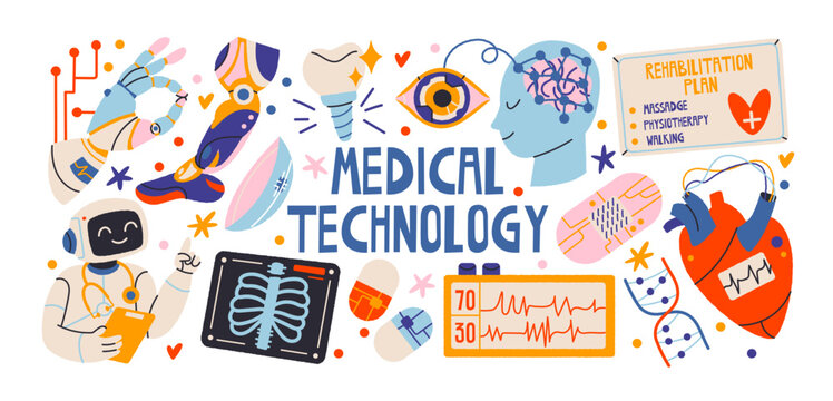 Medical technology and healthcare with diagnostic equipment, digital health monitoring, heart rate charts, medical imaging, rehabilitation and patient care in retro cartoon style with colorful playful