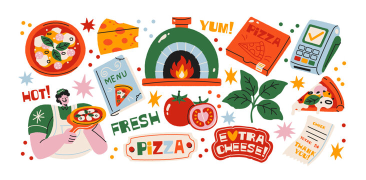 Pizzeria and traditional Italian cuisine stickers with cartoon graphics, mascot character, Italian pizza oven and branding elements for pizza identity, packaging, menus and business branding