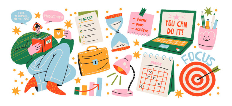 Productivity and time management stickers with daily planner, todo list, calendar, goal setting, task organization, focus and efficient workflow in retro cartoon style with colorful playful details 
