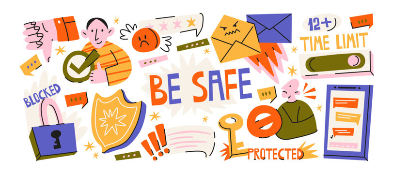 Cybersecurity and online data protection sticker set featuring blocked access, security alerts, protected devices, time limits and digital safety messages in retro cartoon style for internet privacy 