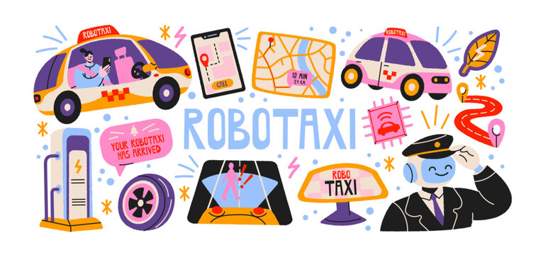 Robotaxi and autonomous transportation stickers with self driving electric car, ride hailing application, passenger service, navigation technology and urban mobility in retro cartoon style