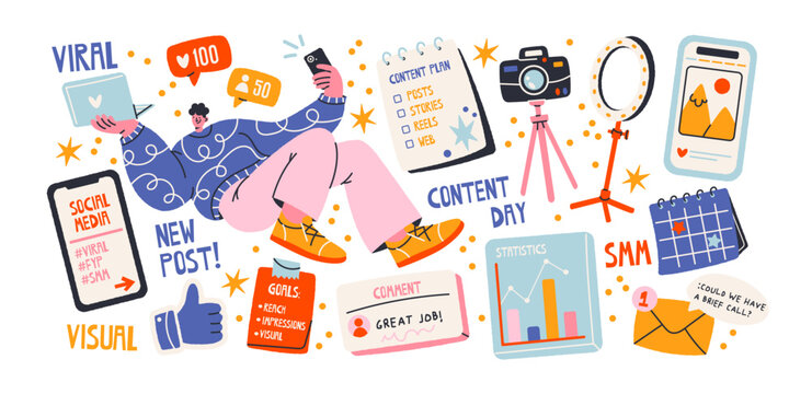 Content creator stickers with social media, blogging, video recording, podcasting, smartphone, laptop, camera and microphone. UGC, blogger,  digital media and online content creation concept