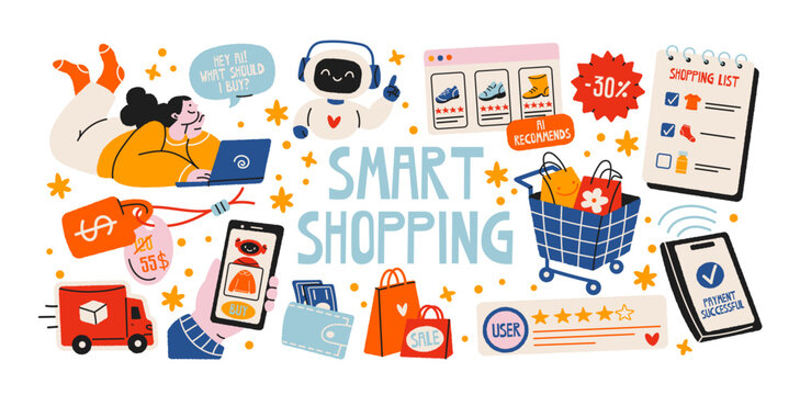 Online shopping and ecommerce stickers with digital payment, shopping cart, product recommendations, discount offers, delivery service and mobile retail application in retro cartoon style
