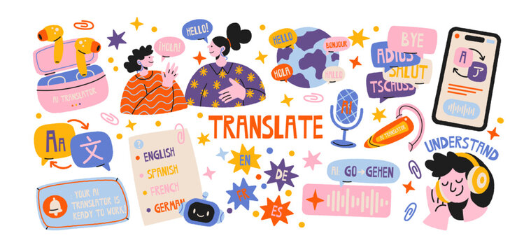 Language learning and translation concept with multilingual communication, English and Spanish vocabulary, speaking practice, headphones, audio lessons and educational elements in a colorful flat 