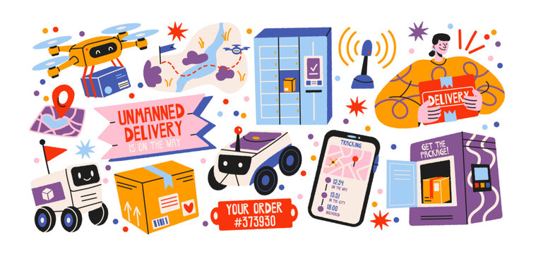 Parcel delivery and logistics service concept with courier, shipping boxes, tracking application, delivery drone, warehouse, transport vehicle and online order management elements