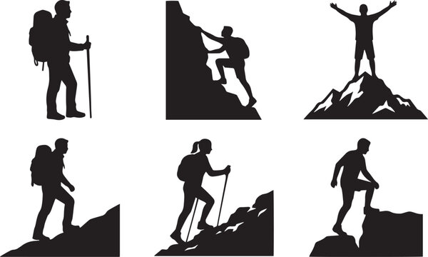 Set of black silhouettes showing people hiking climbing mountains and reaching the peak of a summit