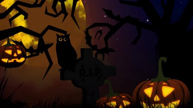 Halloween animation with glowing pumpkins and owl in a spooky graveyard