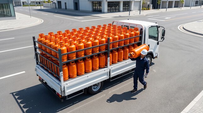 Delivery driver loading propane gas tanks onto a truck for distribution