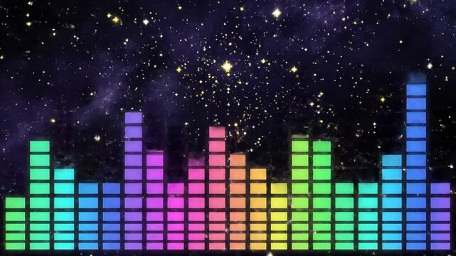 Colorful digital audio equalizer bars moving against a starry night sky background with twinkling stars