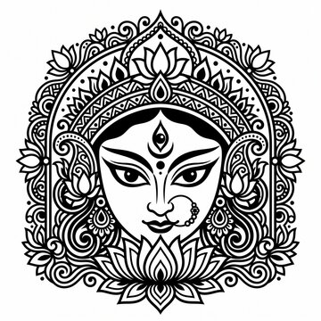 Goddess Durga Mandala Illustration With Lotus Ornament Hindu Vector Line Art Portrait